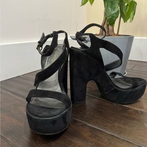 Stuart Weitzman Suede Black Strappy Platform Heels, Size 9
